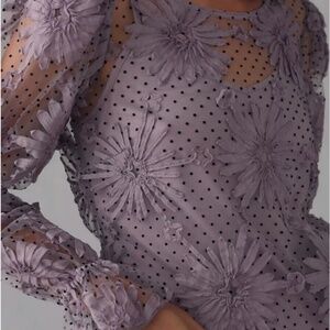 ANTHROPOLOGIE Eva Franco Lace POLKA DOT SHEER PUFF SLEEVE BLOUSE TOP Purple M